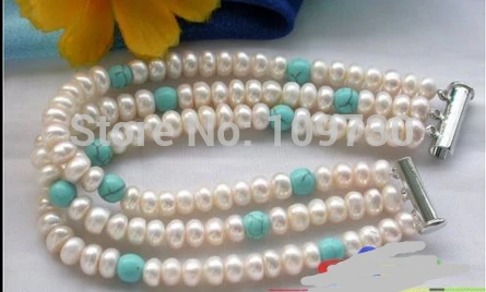 

001361 3row 8mm rondelle white pearl turquoise bead bracelet