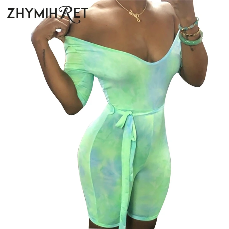 

ZHYMIHRET 2019 New Tie Dye Playsuit With Sashes Women Short Sleeve Bodycon Combinaison Pantalon Femme Overalls For Women