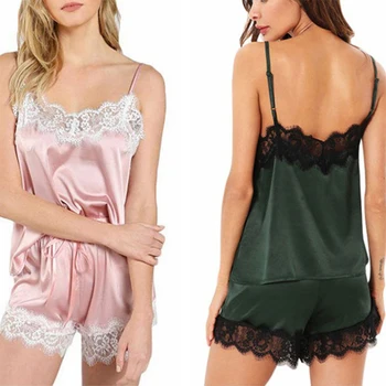 

Women's Sleepwear Sexy Satin Pajama Set Black Lace V-Neck Pyjamas Sleeveless Cute Cami Top and Shorts
