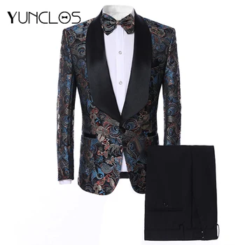 

YUNCLOS Jacquard Men Suits 2 Pieces Suit Set Shawl Collar Floral Groomsman Wedding Suits Tuxedo Party Dress