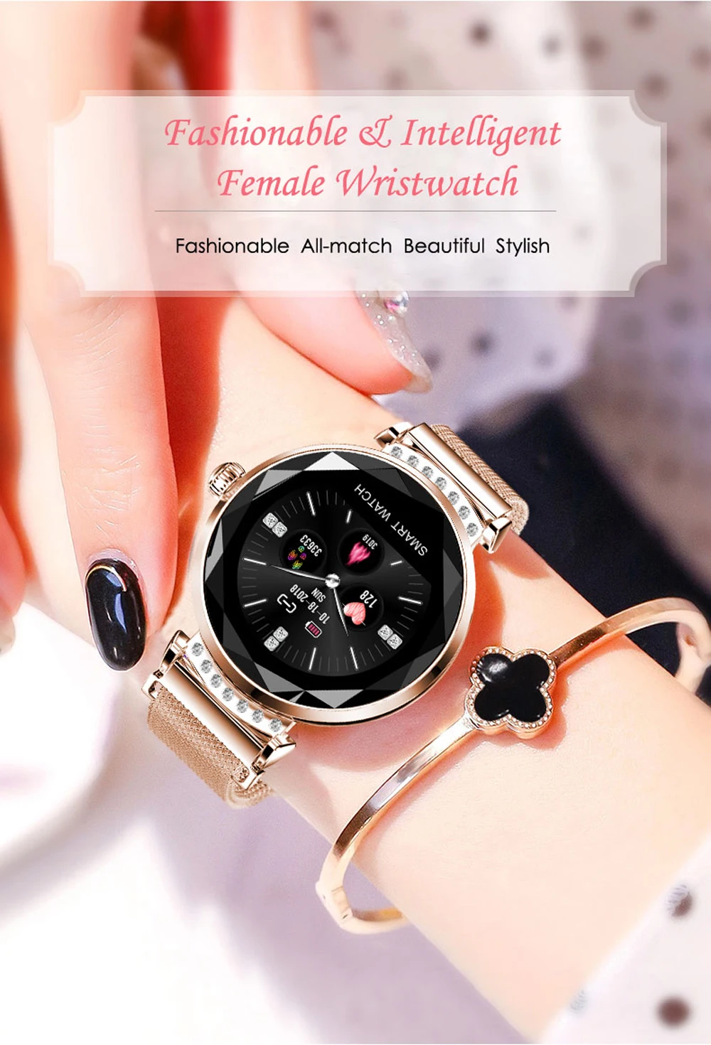 Модные женские Смарт-часы, женские 3D бриллиантовое стекло, пульсометр, кровяное давление, монитор сна, умные часы, браслет, умный браслет