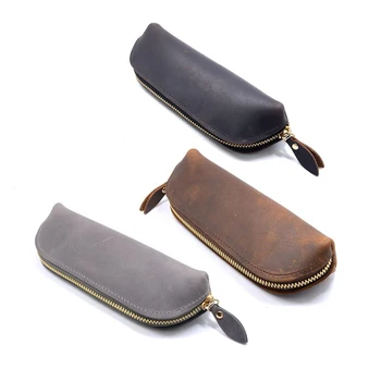 

Nature Leather Zipper Pen Case Fashion Cow Leather Pencil Bag School Stationary Items Tools Office Organizer