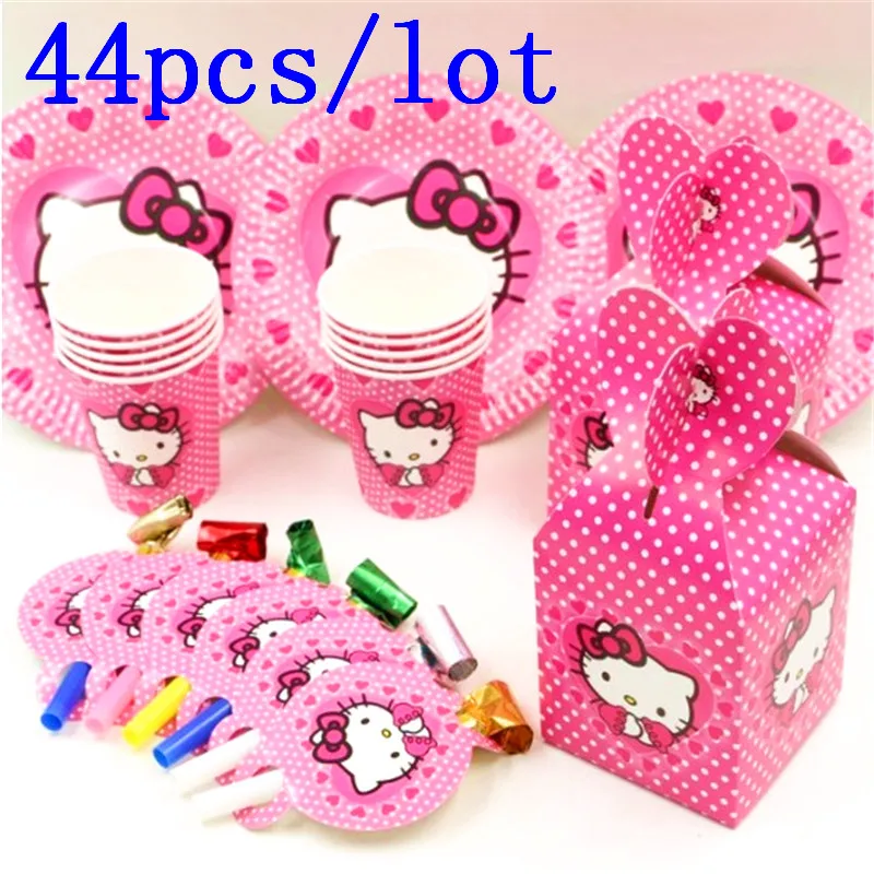 

New 44Pcs/Lot Hello Kitty Theme Design Family Party Blowing Dragon Kid Girl Birthday Party Cup Plate Candy Box Blowout Supply