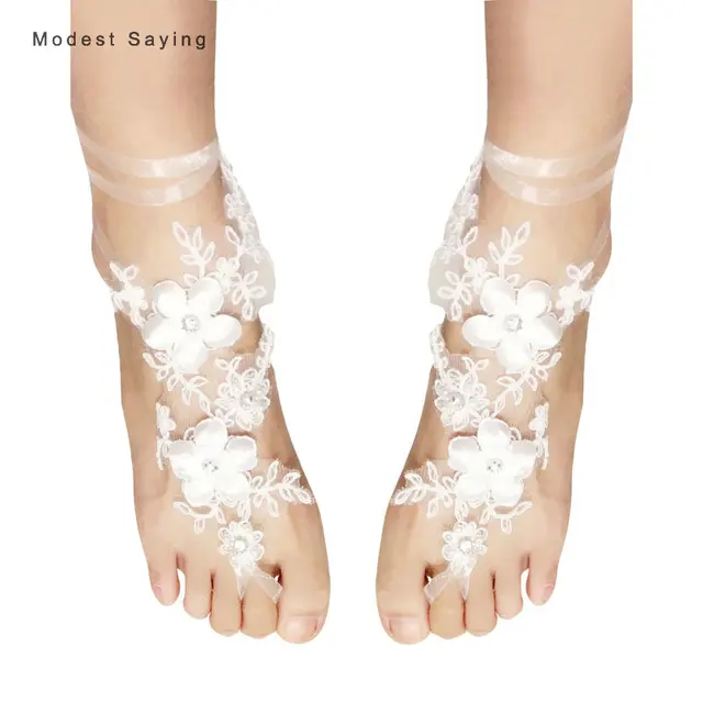 Free Size Ivory Flowers Lace Wedding Barefoot Sandals Anklet Shoes Free Size Ivory Flowers Lace Wedding Barefoot Sandals Anklet Shoes With Toe Sandbeach Bridal Beach Bridesmaid