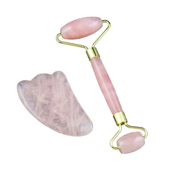 

Rose Quartz Roller Set Face Massager Natural Jade Facial Slimming Massage Roller Stone Gua Sha Scraping Tool Beauty Care Set