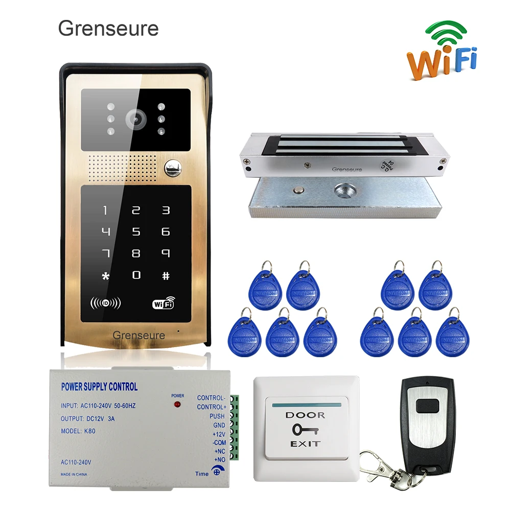 Free Shipping Wifi Phone Video Door Phone Intercom Kit Golden Metal Waterproof Doorbell RFID Code Keypad + Electromagnetic Lock Free Shipping Wifi Phone Video Door Phone Intercom Kit Golden Metal Waterproof Doorbell RFID Code Keypad + Electromagnetic Lock