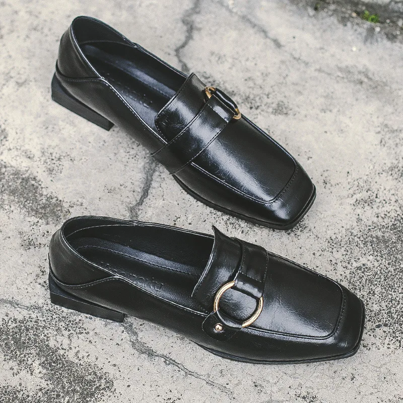 

retro square toe metal decoration flats shoes woman autumn British comfy lazy slip on slides brand work moccasins chunky loafers