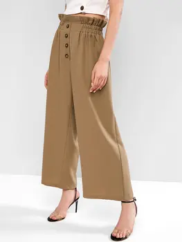 

ZAFUL 2019 Women's Pants Buttoned Wide Leg Trousers Solid Paperbag Pants High Waisted Straight Trousers