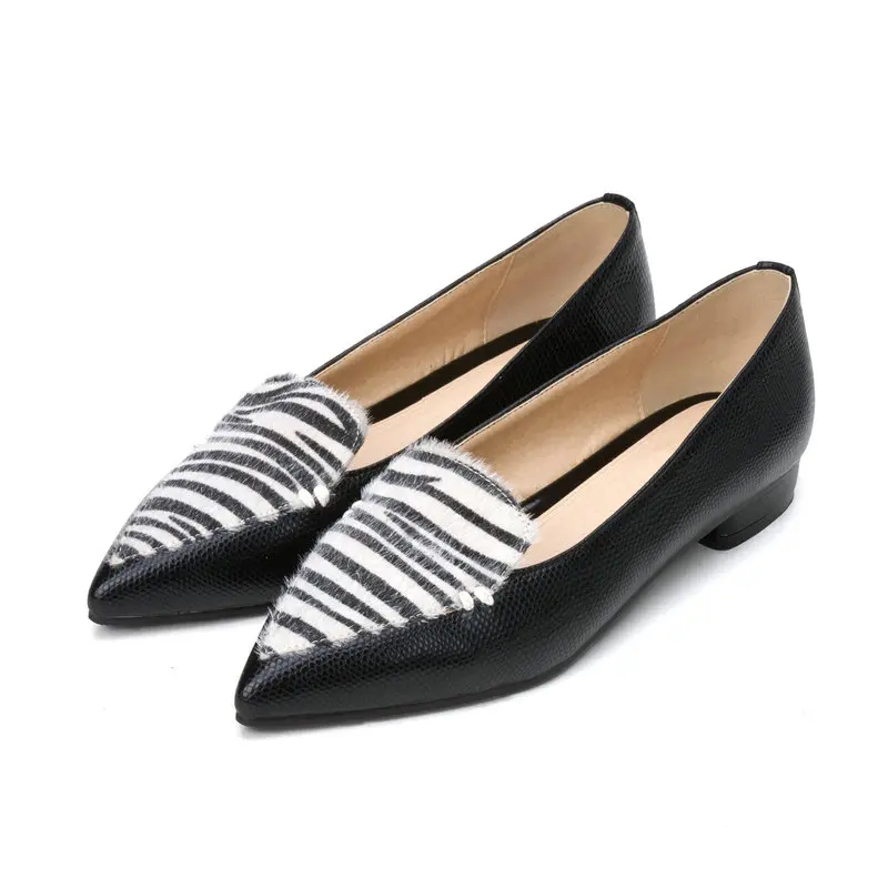 

b2-7 Size 34-39 Woman PU Leather Patchwork Flats Shoes Female Striped Slip-on Shoes Women Flat Heels Shoes Girls Black Shoe