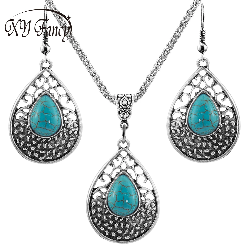 XY Fancy Women Retro Jewelry Drip Shape blue stone Pendant Necklace