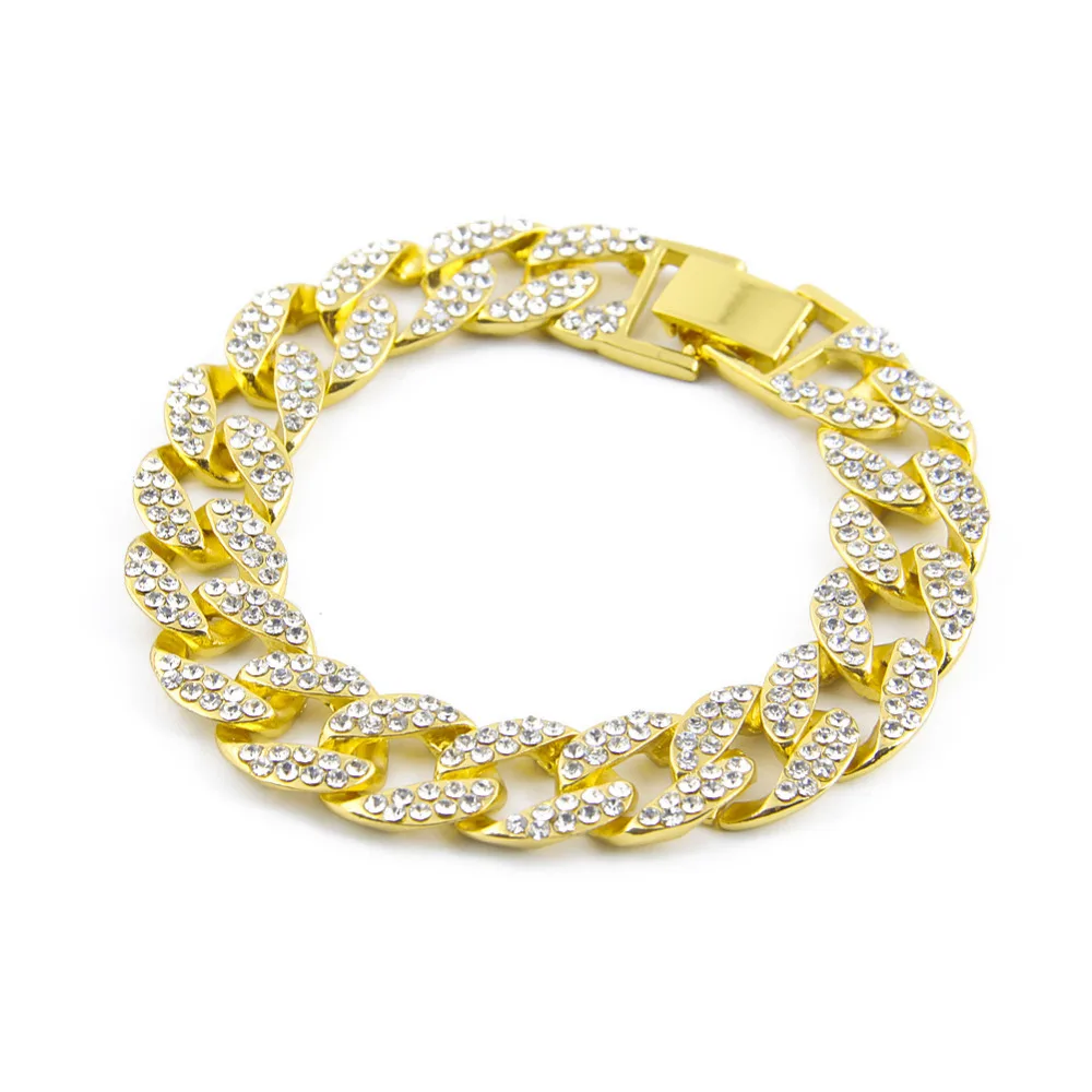 

Gold color hip hop Iced Out bling bling 1.5cm width with 20cm long size cuban link chain bracelet for men jewelry