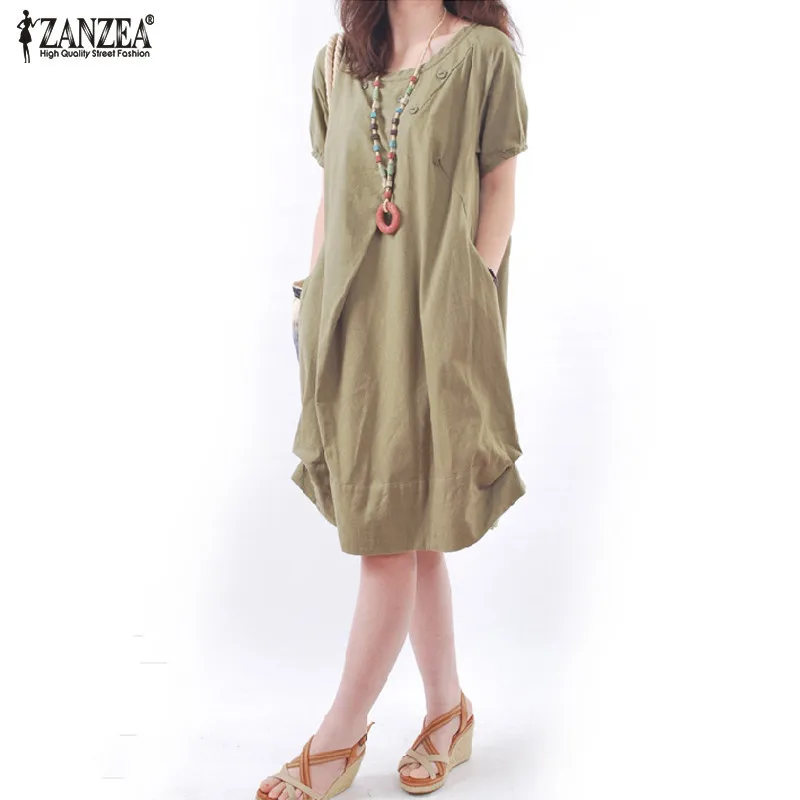 ZANZEA женское хлопковое льняное платье летнее платье с коротким рукавом и карманами повседневное свободное до середины икры платье для женщин размера плюс S-5XL