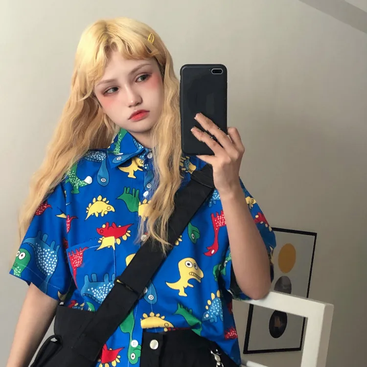 Neploe корейский Harajuku женские рубашки динозавр печатных короткий рукав блузка 2019