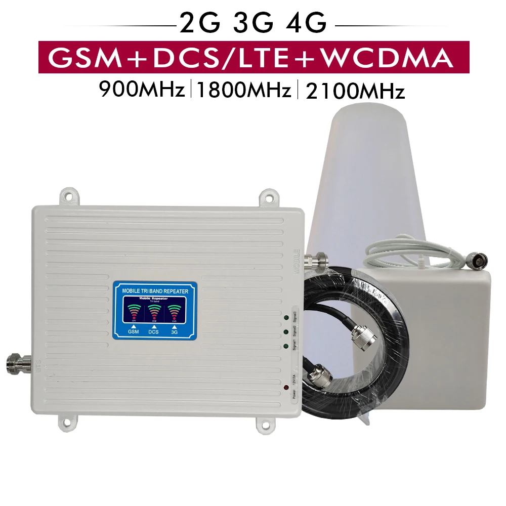 

Gain 65dB Tri Band Repeater GSM 900+DCS/LTE 1800+WCDMA UMTS 2100 Mobile Signal Booster 2G 3G 4G Cellular Amplifier 20m Cable Set