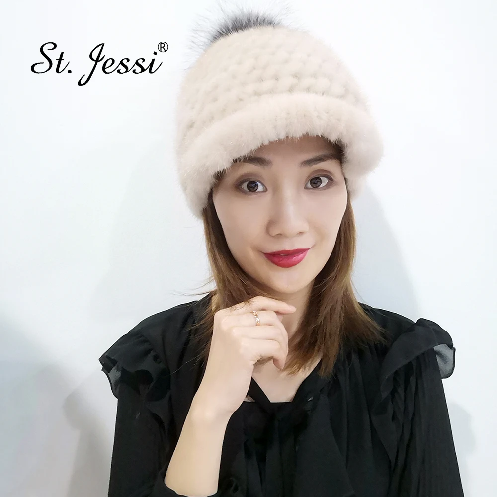ST. Jess gorra mujer шапки для женщин натуральный вязаный натуральный мех норки с цельным серебряным меховым помпоном Толстая Теплая Зимняя кепка