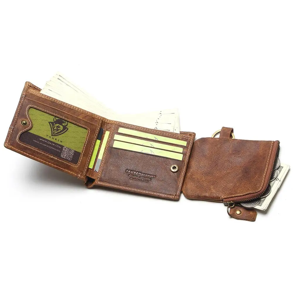 2021 Vintage Genuine Leather Men Wallets Removable Card ID Holders With Key Chain Short Bifold Male Organizer Walets Coin Bag 3