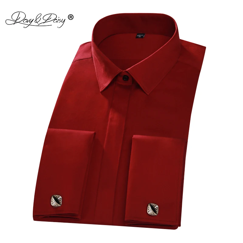 Prix DAVYDAISY 2018 Nouvelle Arrivée 100% Coton Français Manchette Hommes de Chemise Rouge À Manches Longues Homme Formelle Solide Chemises Désherbage Chemise DS223
