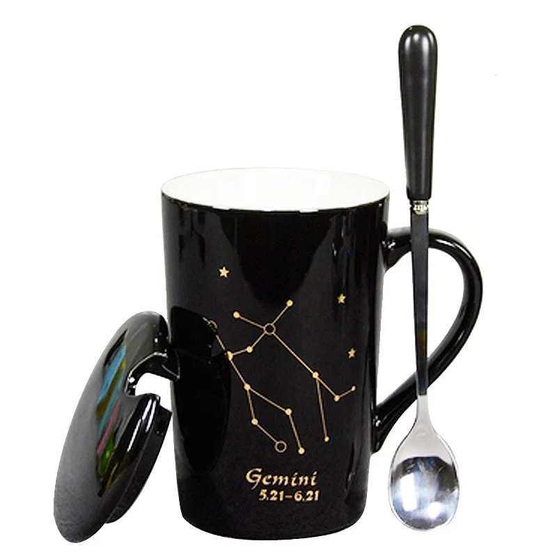 

12 Constellations Ceramic Mugs With Spoon Lid 420ml Porcelain Zodiac Milk Coffee Cup Water Drinkware Novelty Birthday Gift