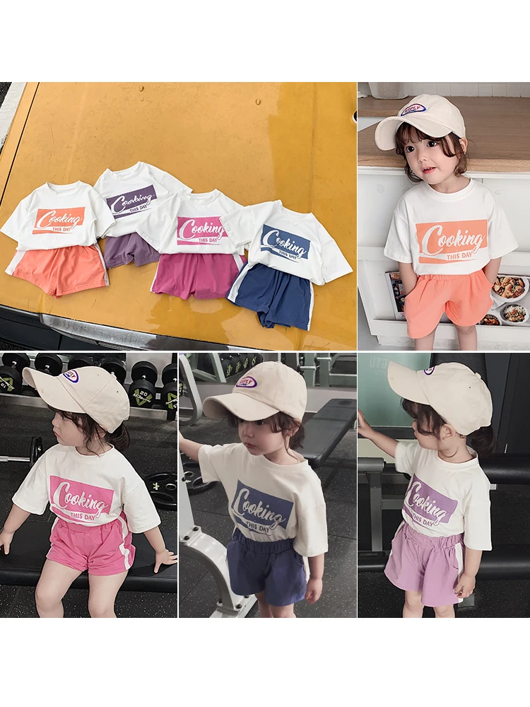

Children Clothing Girl Summer 2019 New Sports Set Kids Baby Short Sleeve Letting Printing Cotton Casual Top+short Pant Suits