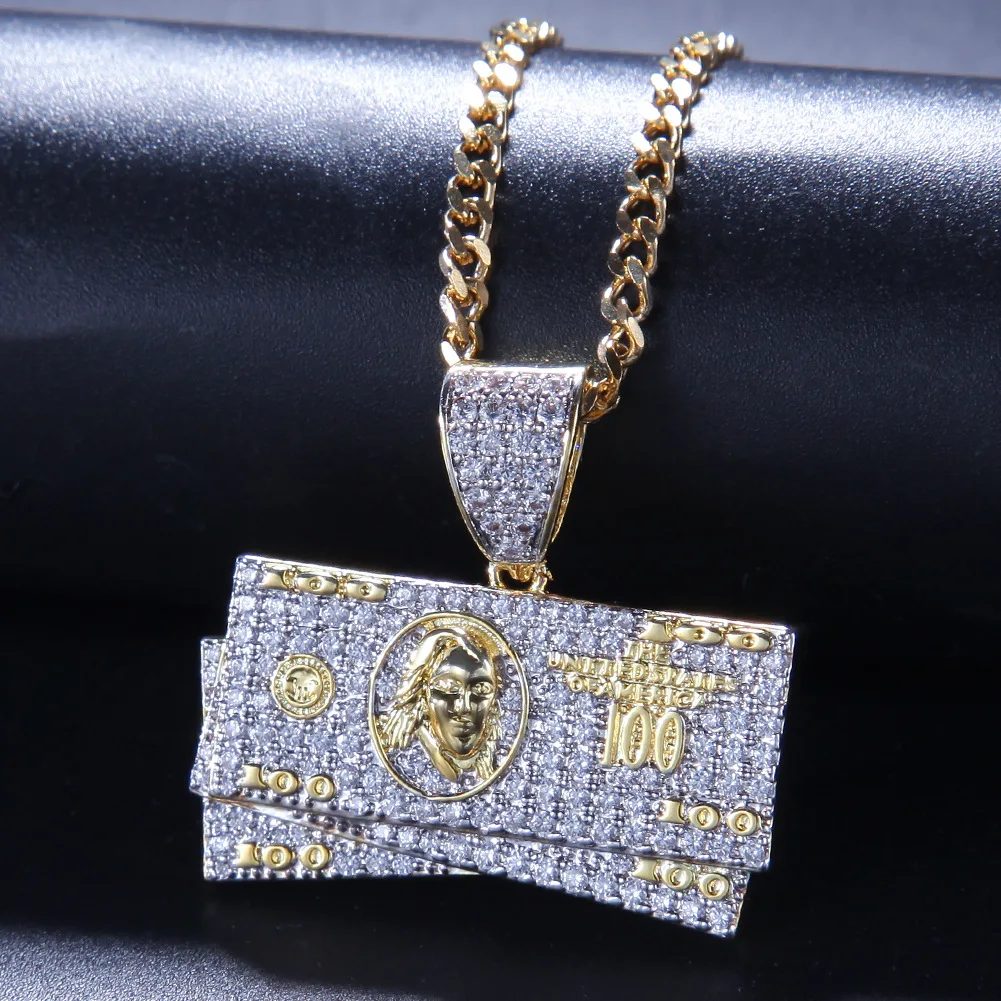 

Bling Hip Hop Gold100 Dollar Money Pendant Long Chain Necklace for Man Fashion Jewelry 2019 New