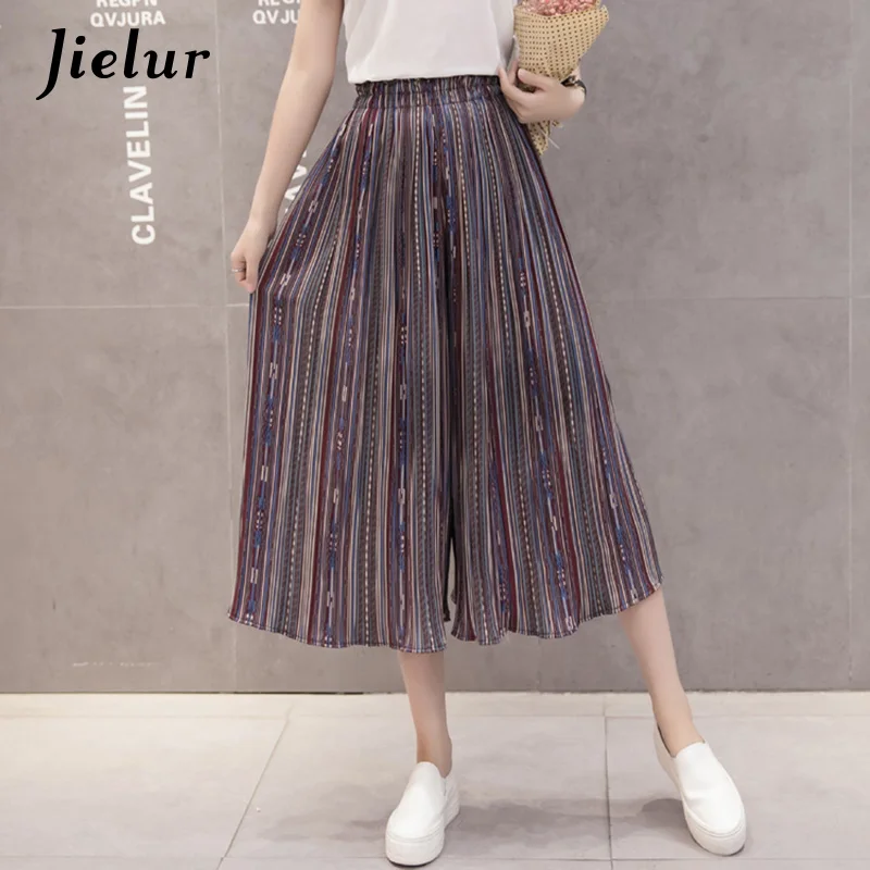 Jielur Fashion Beach Stripe Pleated Chiffon Pants Summer Chic S-XL Ankle-Length Wide Leg Pants Women Loose Lady Pantalon Femme Pants