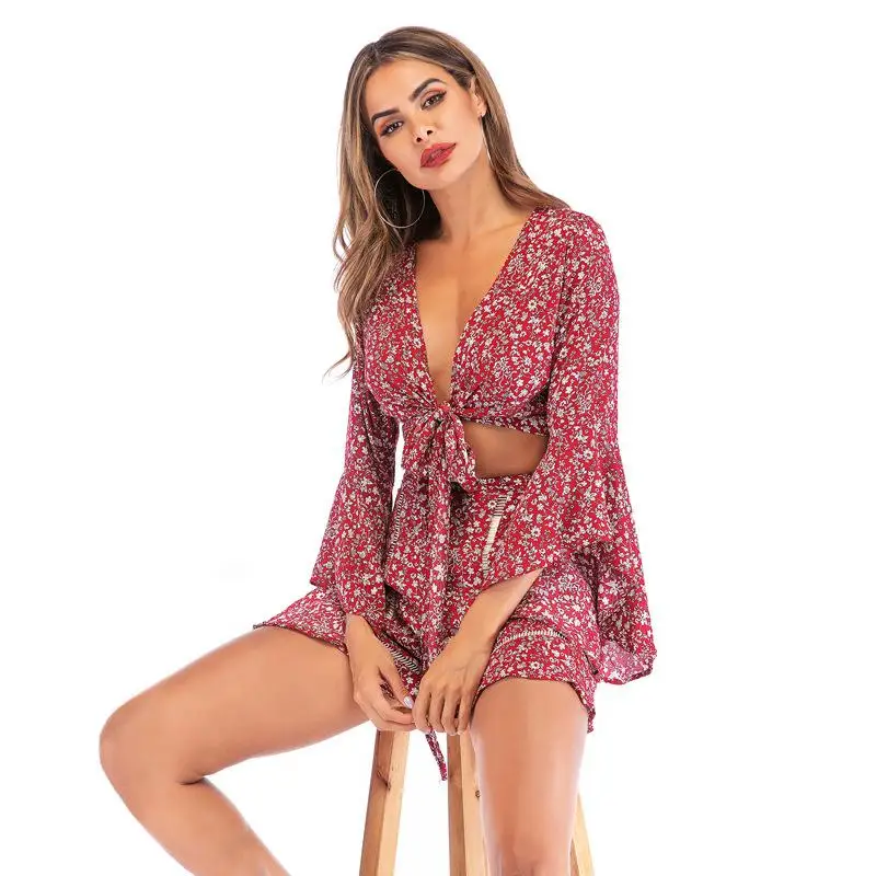 

Summer 2019 Casual New Arrivals Women's Set Fashion Red Floral Chiffon Suit V-neck Tie Trumpet Sleeves Shirt+shorts Two-piece