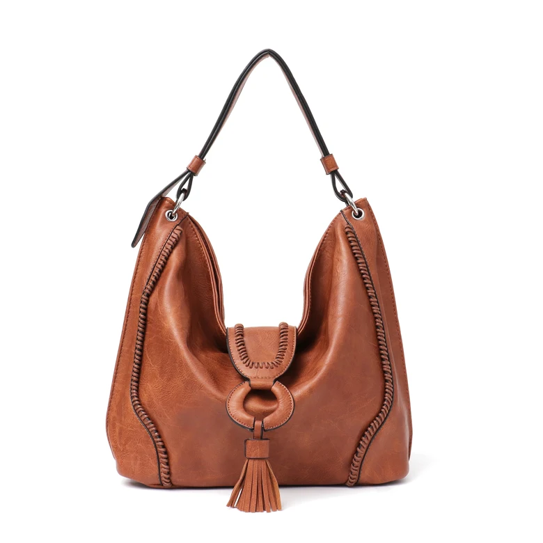 SC большая женская кожаная сумка через плечо, модная большая сумка-хобо для девочек, с кисточкой, с клапаном, дамская сумочка и кошелек, тренд - Цвет: TAN