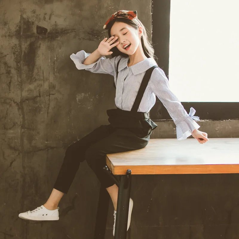 

2018 New Fashion Kids Clothes Fall Girls Outfits Long Sleeve Striped Shirt + Overalls Teenage Baby Girl Boutique Clothes 8 10 12