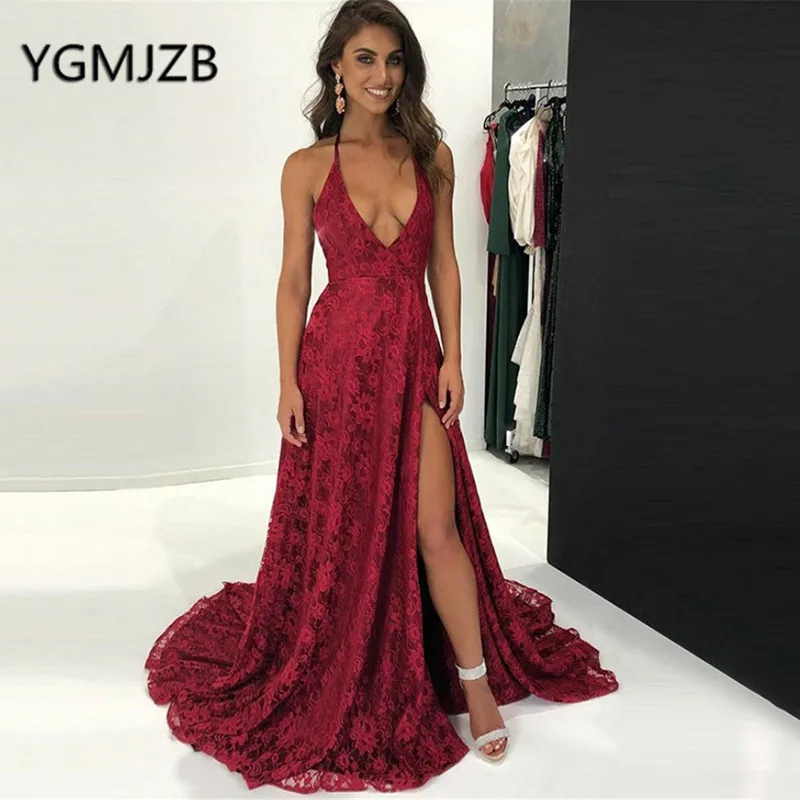 Sexy Backless Red Lace Evening Dresses 2019 A-Line Halter Deep V-Neck High Slit Long Prom Gown Women Formal Party Dress | Свадьбы и