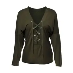 Осень-зима Для женщин блузка с длинным рукавом сексуальный глубокий V корсет на шнуровке однотонные топы Повседневная рубашка TY66