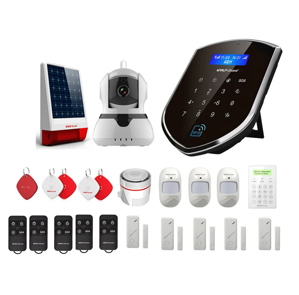 

Wolf-Guard Wireless Home Alarm Burglar System 3G Wifi Shield Host 120dB Solar Siren IP Camera Door/PIR Motion Sensor Detector