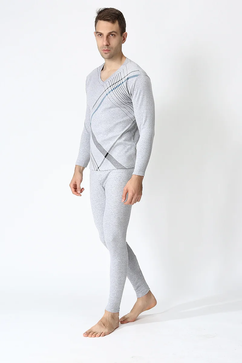 B light grey Осенне-зимнее мужское плотное хлопковое нижнее белье размера плюс 4xl 5xl 6xl 7xl с О-образным вырезом термокомплекты Топы+ штаны с высокой талией - Цвет: B light grey