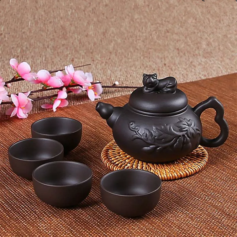 

Yixing Teapot Purple Clay Teapot Set Chinese Porcelain Zisha Magpie Lion Tea Pot + 4 Cups Kung Fu Tea Cup Set