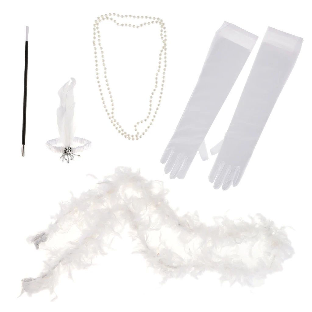 5pcs/Set 1920s Gatsby Feather Headband Necklace Gloves Cigarette Holder Boa Scarf Charleston Party Flapper Fancy Dress