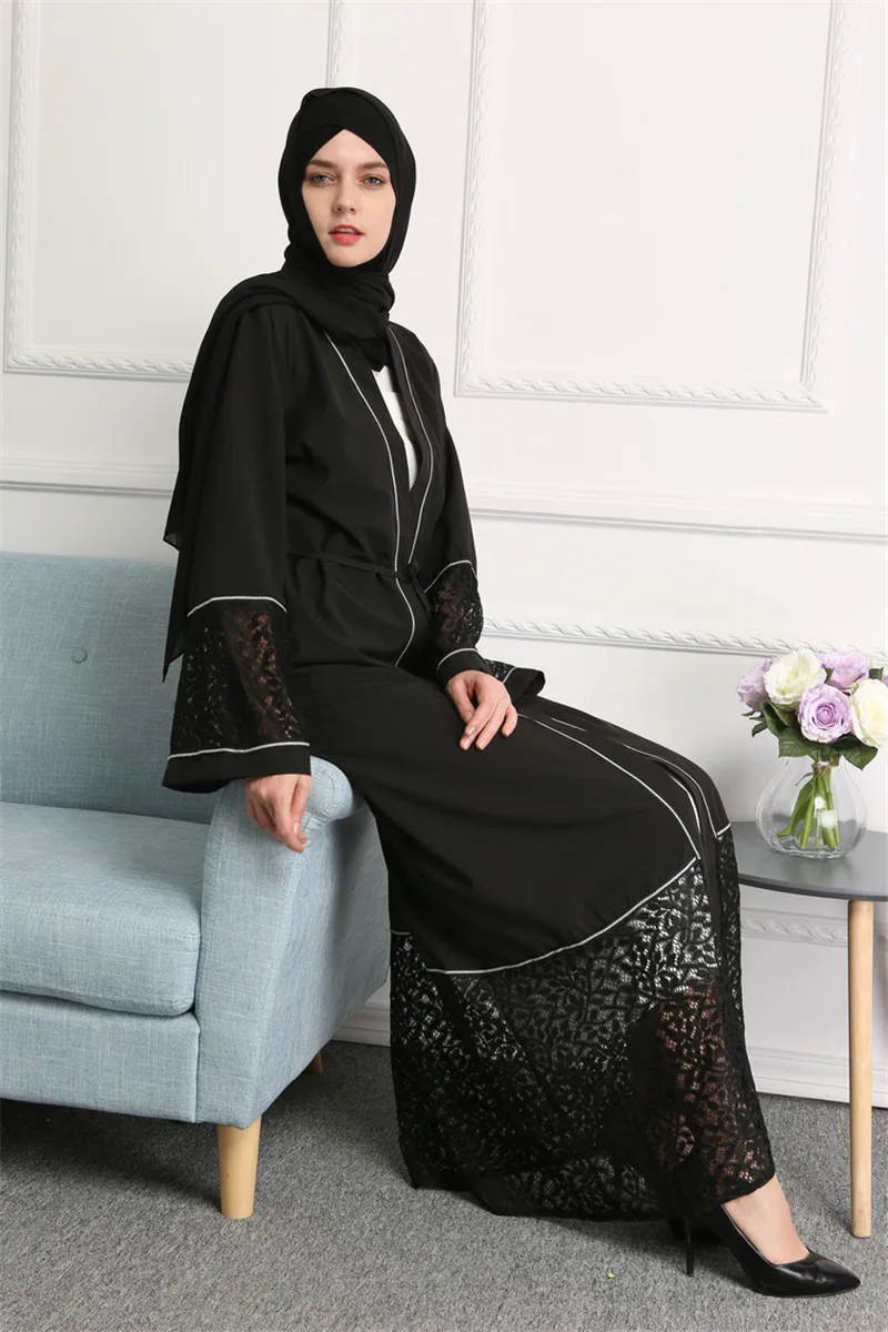 Lace Cardigans Flare Sleeve Muslim Women Abaya Long Jackets Trench