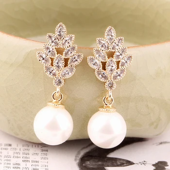 

Rhodium Plated Pear CZ Long Wedding Earrings with Genuine Shell Pearl Drops