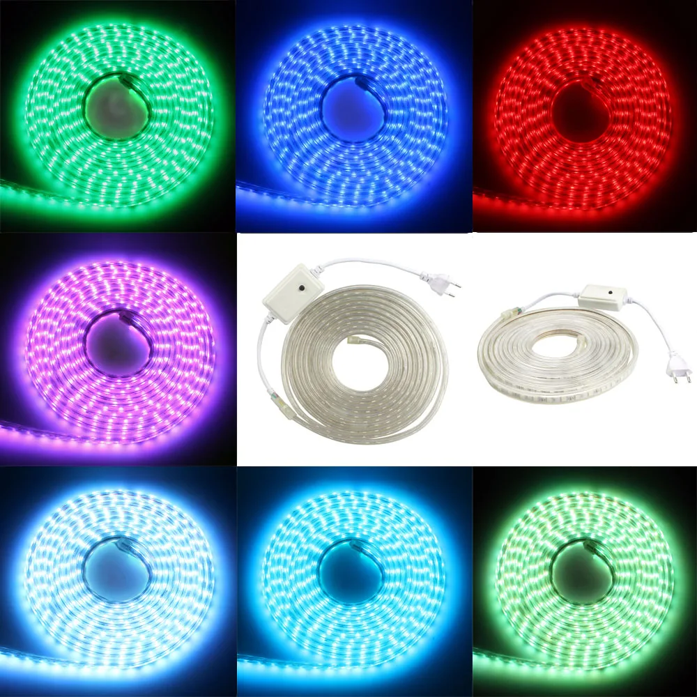 #cheap 220v 230v 240v led strip light 5050 waterproof IP67 IP68 warm cold white red blue green RGB outdoor tape rope with power plug