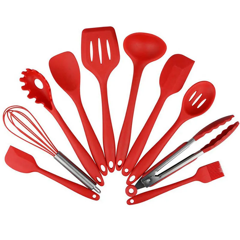 

HOT 10Pcs/set Silicone Cooking Tool Sets Non-stick Egg Beater Spatula Spoon Shovel Ladle Spaghetti Server Oil Brush Kitchen U