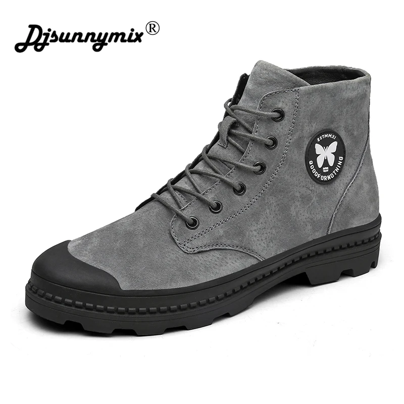 

DJSUNNYMIX Fashion Genuine leather Men Boots Popular Fashion Men Ankle Boots Vintage Autumn high-top Handmade shoes