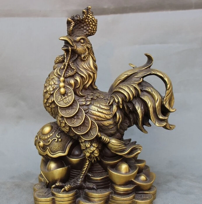 

12" Chinese Bonze Year Zodiac Cock Rooster On Wealth YuanBao Coin RuYi Statue