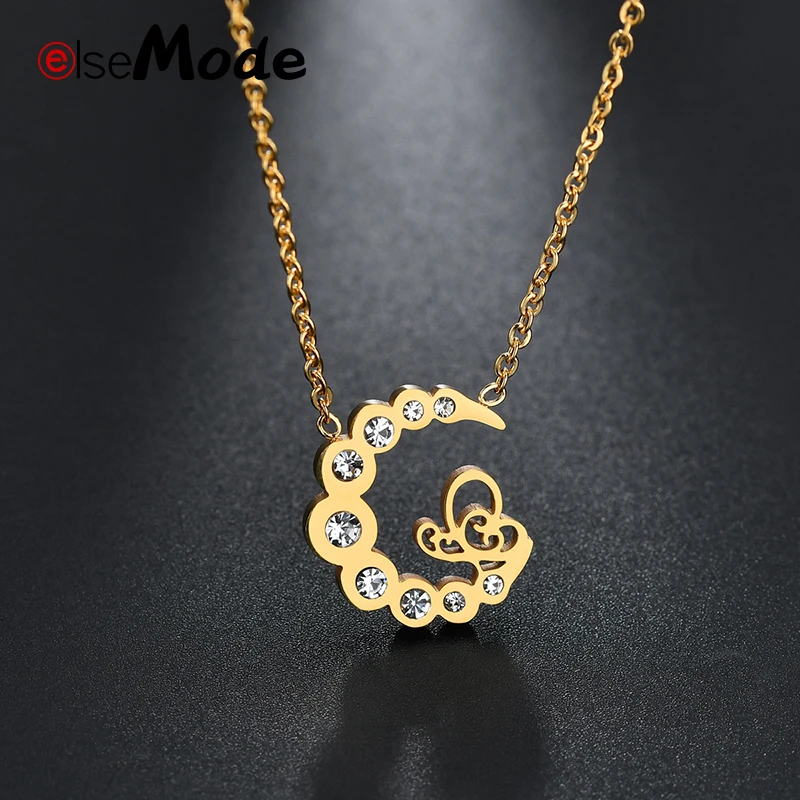 

ELSEMODE Clear Crystal G Initial Women Necklace Gold 316L Stainless Steel Letter Pendant Necklace for Wedding Jewelry Gifts
