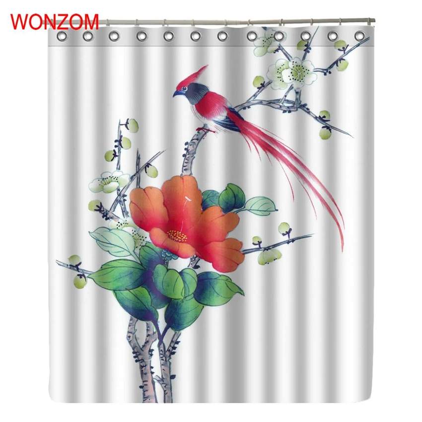 

WONZOM Bird On Tree Modern Polyester Red Flower Waterproof Shower Curtains For Bathroom Fabric Bath Curtain With Hooks Gift