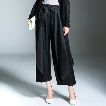 

Loose Pants Women New Elegant Black Wide Leg Pants Plus Size Spring and Autumn OL Casual Miyake Pleats Ankle-Length Pants