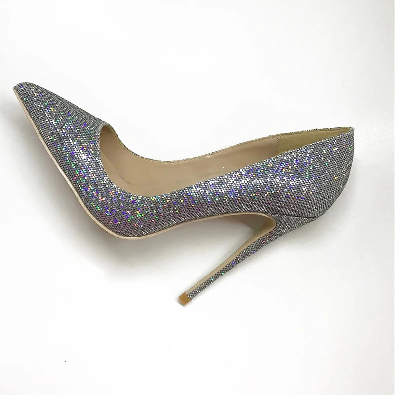 Брендовая модная новинка; Изысканная элегантная обувь с острым носком на высоком каблуке с серебристыми блестками; женская обувь для вечеринок на высоком каблуке 12 см
