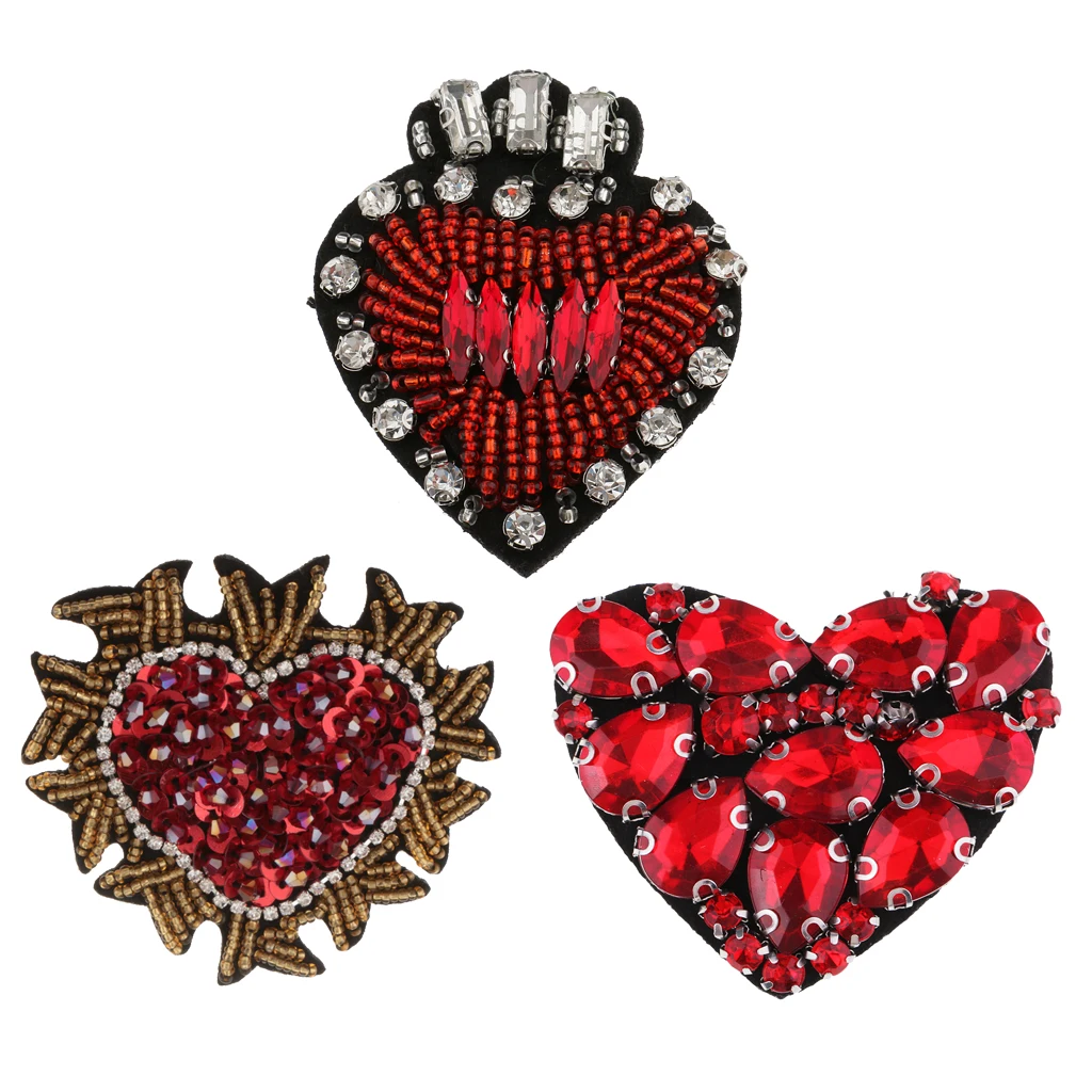 3 Pieces Beaded Crystal Love Heart Badge Applique Patch Sew On Patch DIY Sewing Accessories