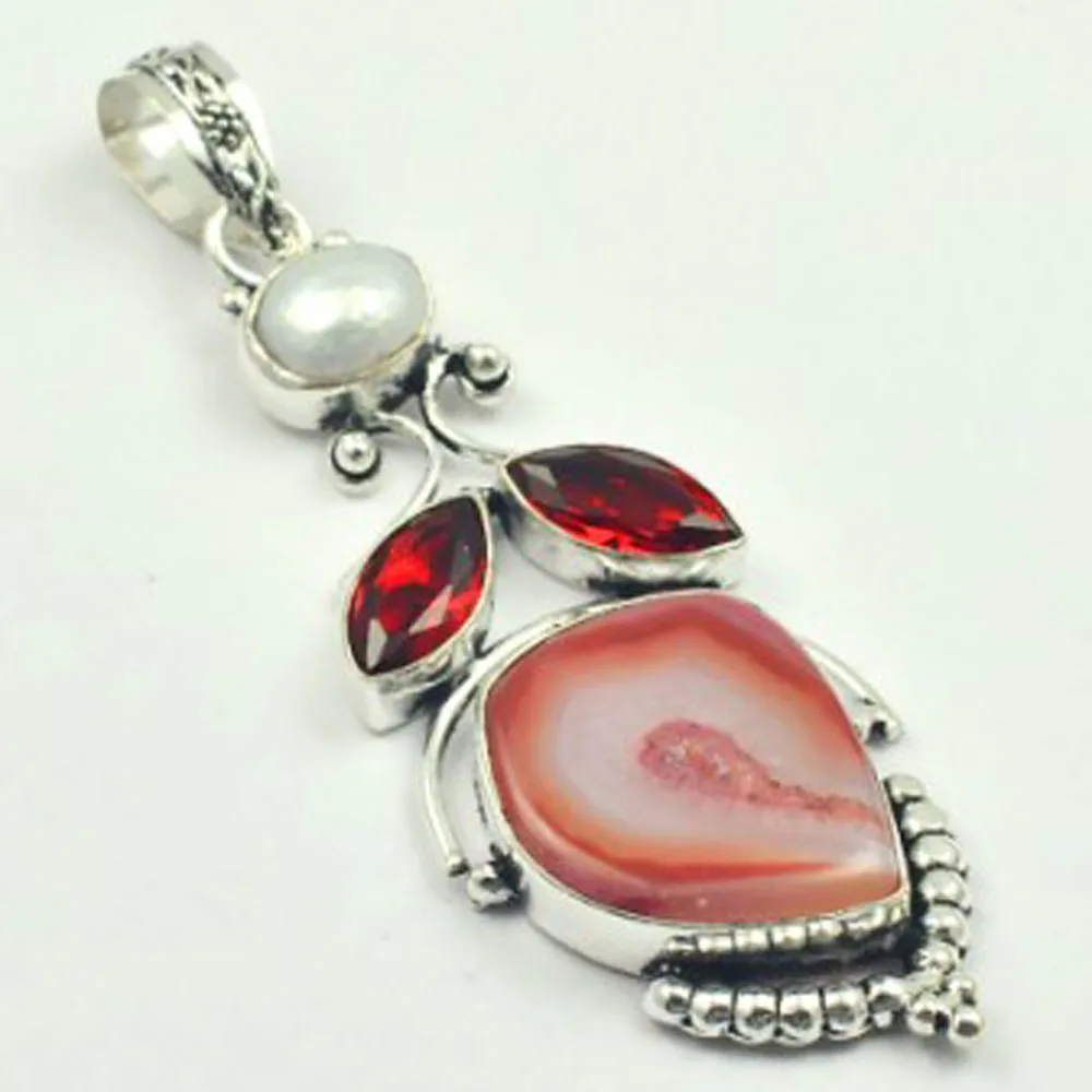 

Coral & Garnets Pendant Silver Overlay over Copper, Total Length: 83mm , P4258