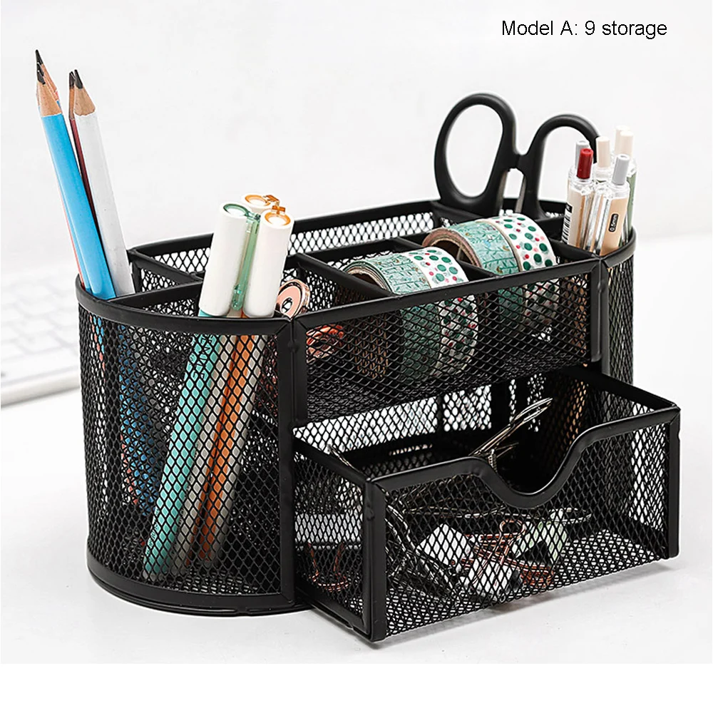 

9 Storage Mesh Metal Desk Organizer Pen Holder Stationery Container Box Multi-functional Office School Supplies Black [4 Style]