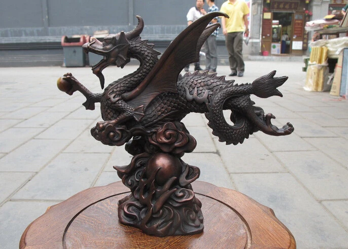 

8"China Royal Pure Red Bronze Refined carve twin wing Fly Dragon statuary Copper garden decoration