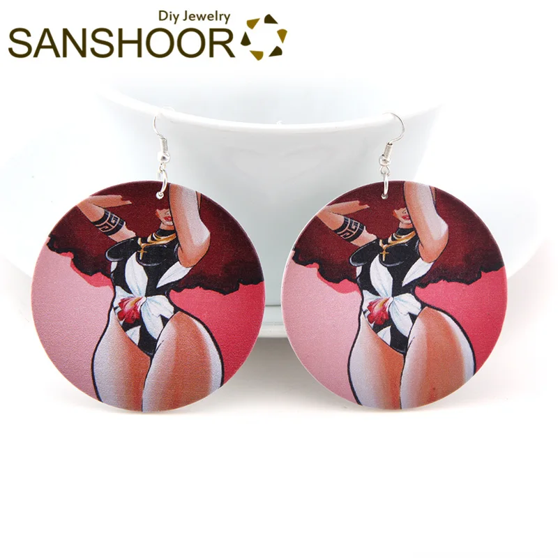 

SANSHOOR AFRO Black Beautiful Girl Wood Drop Earrings 6cm Large African Power Halloween Jewelry For Christmas Gift 1Pair