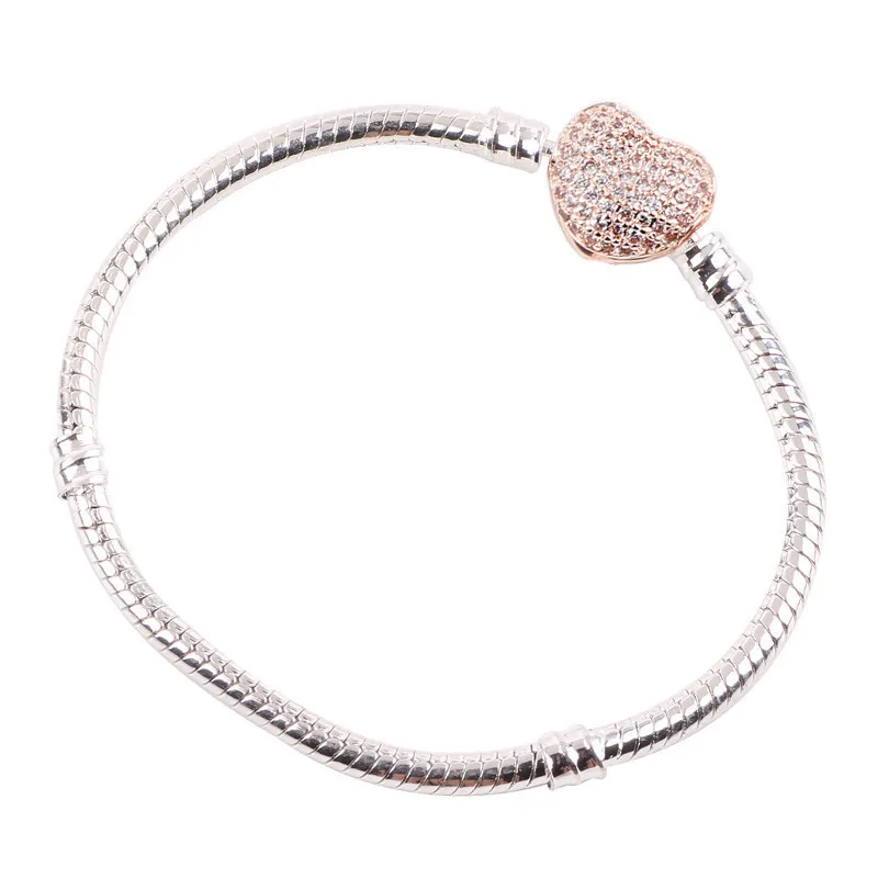 

16-21cm Three Layers Plating Zircon Inlay Heart Silver Rose Gold Bracelet Snake Chain Fit Charms Original Bracelets Women G